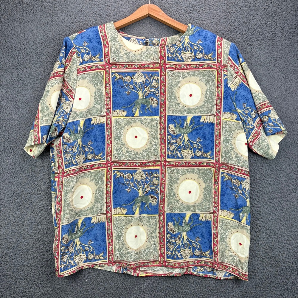 Caviar Vintage 90s Art Print Blouse Womens 2X Blue Red Animal Novelty Top USA